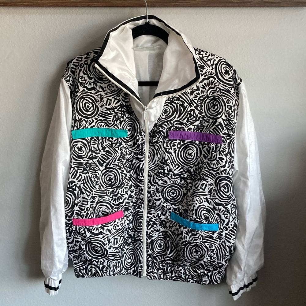 Vintage 80’s Jacket Black & White Keith Haring Insp Geometric Print Sz L